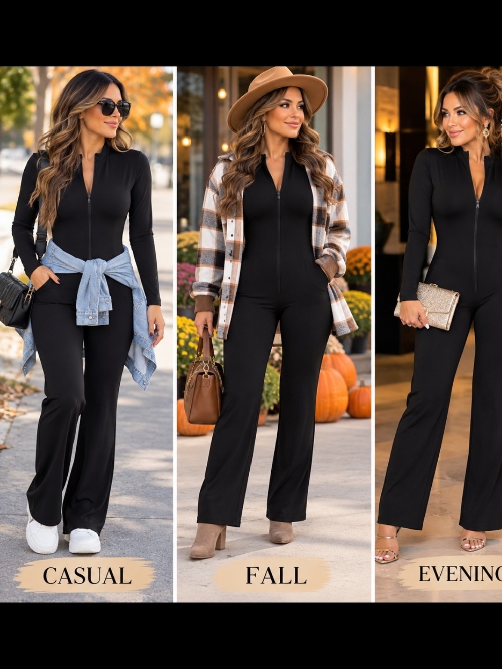 Black Long-Sleeve Zip-Front Flared Jumpsuit Pit 23